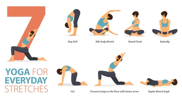 Infographic Yoga Poses Workout Home Concept Everyday Stretches Flat Design — Stock Vector