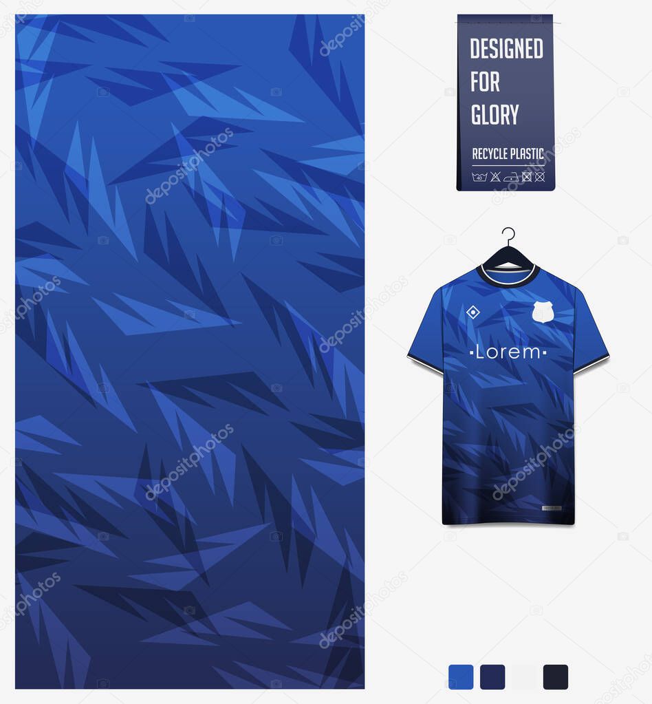 Soccer jersey pattern design. Scratch stripe pattern on blue background for soccer kit, football kit, bicycle, e-sport, basketball, t-shirt mockup template. Fabric pattern. Abstract background. Vector Illustration.
