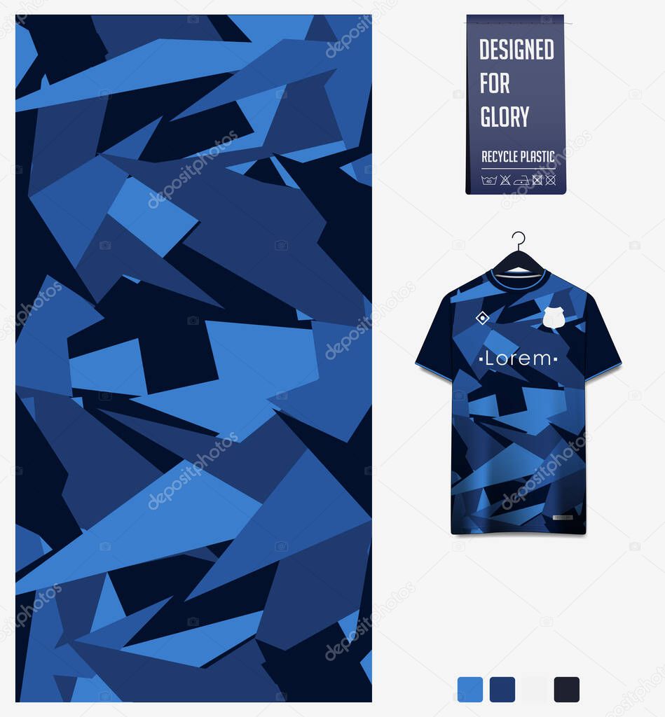 Soccer jersey pattern design. Mosaic pattern on dark blue background for soccer kit, football kit, bicycle, e-sport, basketball, t-shirt mockup template. Fabric pattern. Abstract background. Vector Illustration.