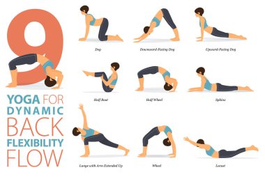 Infographic 9 Yoga düz tasarımda geriesneklik kavramında evde egzersiz için poz veriyor. Kadınlar vücut esneme egzersizi yapıyor. Fitness bilgisi için yoga duruşu ya da asana. Düz Çizgi film Vektör İllüstrasyonu.