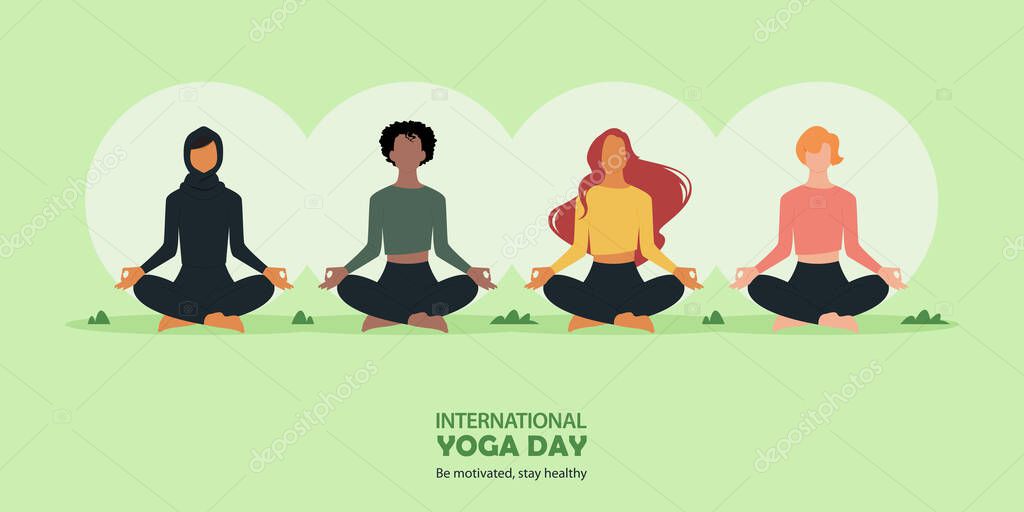 21 June Happy international yoga day banner or poster with healthy diversity people sitting in meditation or lotus yoga post on greensward. Vector illustration