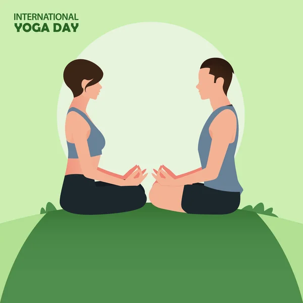 6月21日国际瑜伽日 International Yoga Day 的横幅或海报 与年轻夫妇面对面地坐在一起冥想 或在绿色的瑜伽垫上摆姿势 平坦的卡通人物 矢量说明 — 图库矢量图片