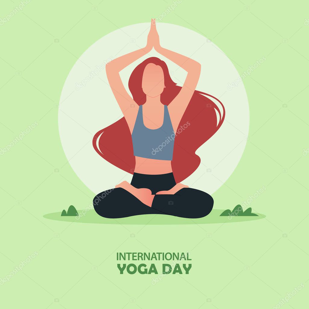 21 June International yoga day banner or poster with young long hair woman practicing yoga meditation pose or lotus with hands up pose in Namaste sitting or Padmasana on greensward. Flat cartoon in yoga pose. Vector illustration