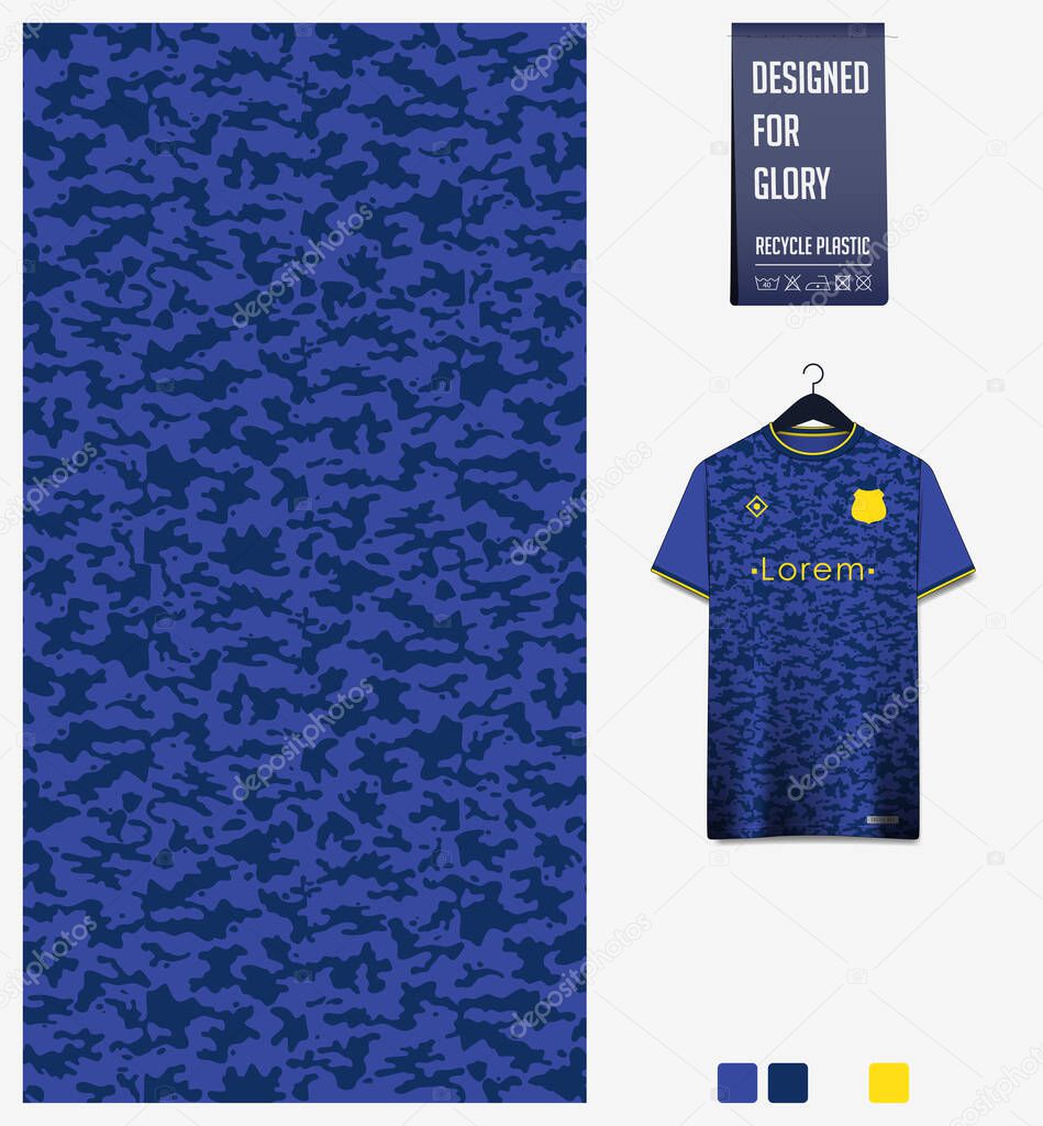 Soccer jersey pattern design. Blue camouflage pattern on navy blue background for soccer kit, football kit, bicycle, e-sport, basketball, t shirt mockup template. Fabric pattern. Abstract background. Vector Illustration.