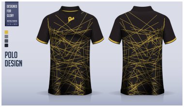 Black polo shirt mockup template design for soccer jersey, football kit, golf, tennis, sportswear. Random straight line pattern design. Sport uniform in front view, back view. Vector Illustration