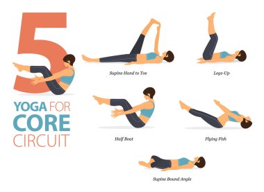 Infographic 5 Yoga poses for workout at home in concept of core circuit in flat design. Women exercising for body stretching. Yoga posture or asana for fitness infographic. Flat Cartoon Vector Illustration.