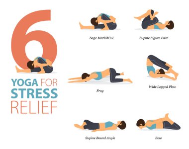 Infographic 6 Yoga, düz tasarımda stres atma kavramında evde egzersiz için poz veriyor. Kadınlar vücut esneme egzersizi yapıyor. Fitness bilgisi için yoga duruşu ya da asana. Düz Çizgi film Vektör İllüstrasyonu.