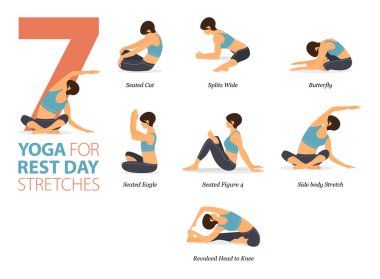 Infographic 7 Yoga evde egzersiz için poz veriyor. Düz tasarımda dinlenme günü konsepti olarak. Kadınlar vücut esneme egzersizi yapıyor. Fitness bilgisi için yoga duruşu ya da asana. Düz Çizgi film Vektör İllüstrasyonu.