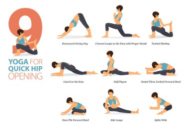 Infographic 9 Yoga düz tasarımda kalça açılımı kavramında evde egzersiz için poz veriyor. Kadınlar vücut esneme egzersizi yapıyor. Fitness bilgisi için yoga duruşu ya da asana. Düz Çizgi film Vektör İllüstrasyonu.