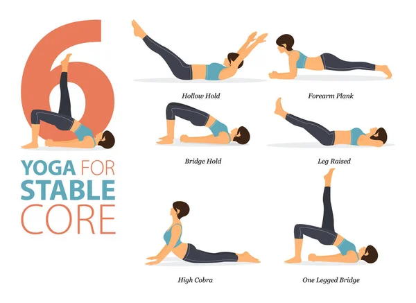 Infographic Yoga Poses Workout Home Concept Stable Core Flat Design — Stok Vektör