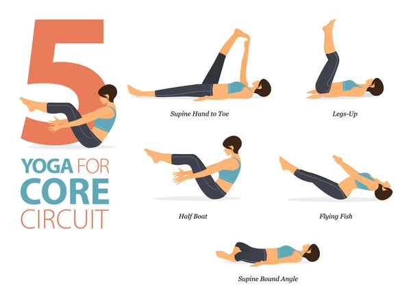 Infographic Yoga Poses Workout Home Concept Core Circuit Flat Design — Vettoriale Stock