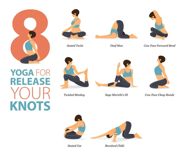 Infographic Yoga Подає Тренування Вдома Концепцію Вивільнення Вузлів Пласкому Дизайні — стоковий вектор