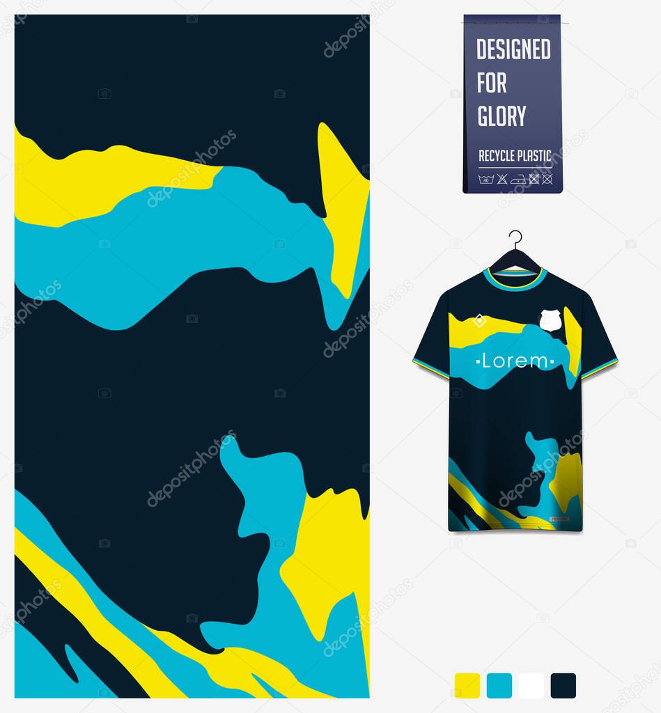 Soccer jersey pattern design. Fluid stains pattern on blue background for soccer kit, football kit, bicycle, e-sport, basketball, t shirt mockup template. Fabric pattern. Abstract background. Vector Illustration.