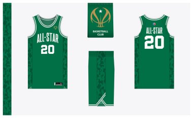 Basketball uniform mockup template design for basketball club. Basketball jersey, basketball shorts in front and back view. Basketball logo design. Vector Illustration.