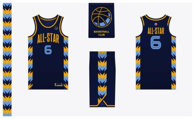 Basketball uniform mockup template design for basketball club. Basketball jersey, basketball shorts in front and back view. Basketball logo design. Vector Illustration.
