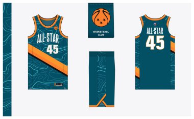 Basketbol kulübü için basketbol forması şablonu tasarımı. Basketbol forması, basketbol şortu önde ve arkada. Basketbol logosu tasarımı. Vektör İllüstrasyonu.