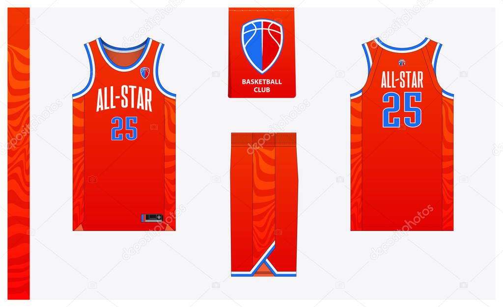 Basketball uniform mockup template design for basketball club. Basketball jersey, basketball shorts in front and back view. Basketball logo design. Vector Illustration.