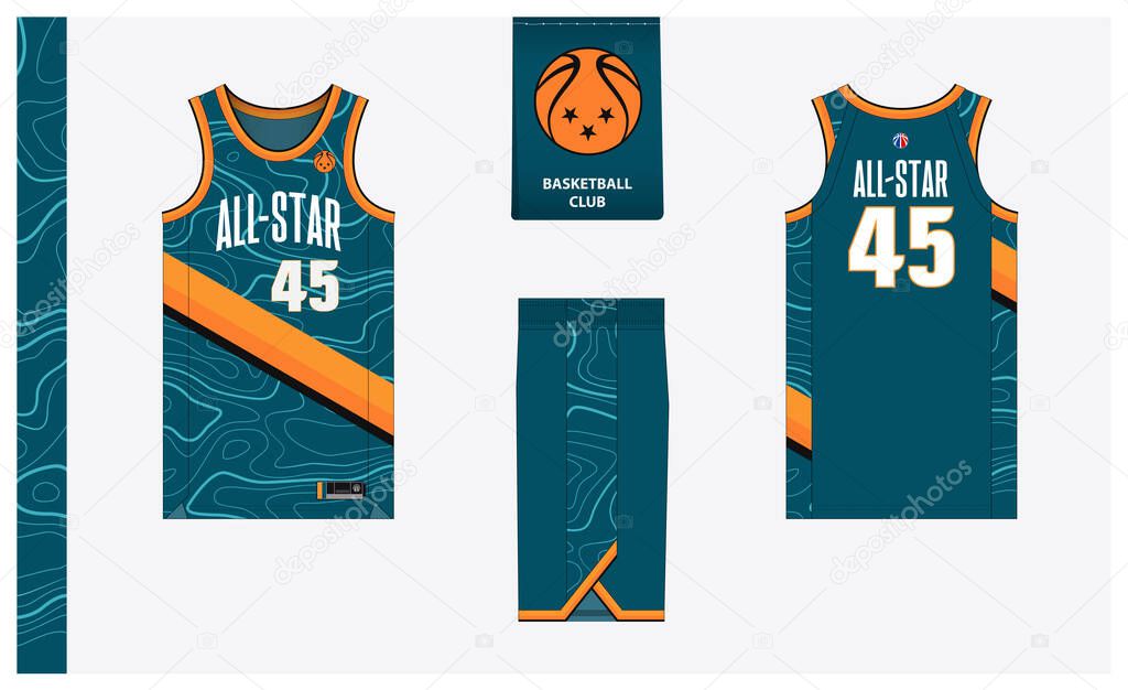 Basketball uniform mockup template design for basketball club. Basketball jersey, basketball shorts in front and back view. Basketball logo design. Vector Illustration.