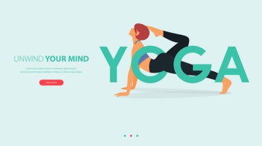 Woman does yoga pose or asana posture with yoga word. Exercise, workout for yoga anywhere concept.Landing page template of yoga center, studio or yoga online class. Vector Illustration.