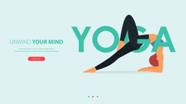 Woman does yoga pose or asana posture with yoga word. Exercise, workout for yoga anywhere concept.Landing page template of yoga center, studio or yoga online class. Vector Illustration.