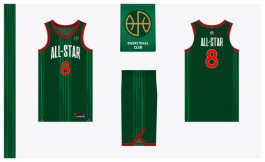 Basketball uniform mockup template design for basketball club. Basketball jersey, basketball shorts in front and back view. Basketball logo design. Vector Illustration.