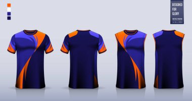 Mavi tişört modeli, futbol forması için spor gömlek şablonu tasarımı, futbol takımı. Basketbol forması için atlet, koşan atlet. Spor forması için öndeki ve arkadaki kumaş desenleri. Vektör İllüstrasyonu.