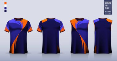 Blue T-shirt mockup, sport shirt template design for soccer jersey, football kit. Tank top for basketball uniform, running singlet. Fabric pattern for sport jersey in front and back view. Vector Illustration.
