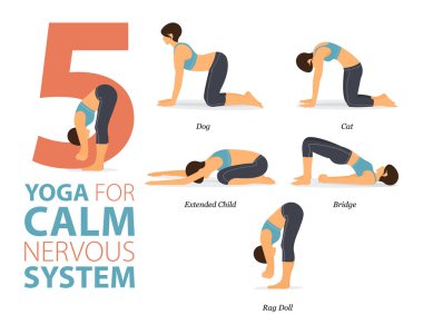 Infographic 5 Yoga poses for workout at home in concept of nervous system in flat design. Women exercising for body stretching. Yoga posture or asana for fitness infographic. Flat Cartoon Vector Illustration. clipart