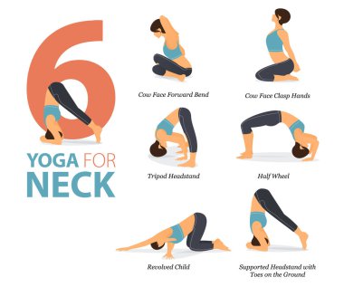 Infographic 6 Yoga poses for workout at home in concept of neck in flat design. Women exercising for body stretching. Yoga posture or asana for fitness infographic. Flat Cartoon Vector Illustration.