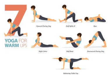 Infographic 7 Yoga poses for workout at home in concept of warm ups in flat design. Women exercising for body stretching. Yoga posture or asana for fitness infographic. Flat Cartoon Vector Illustration.