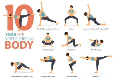 Infographic 10 Yoga poses for workout at home in concept of body strength in flat design. Women exercising for body stretching. Yoga posture or asana for fitness infographic. Flat Cartoon Vector Illustration.