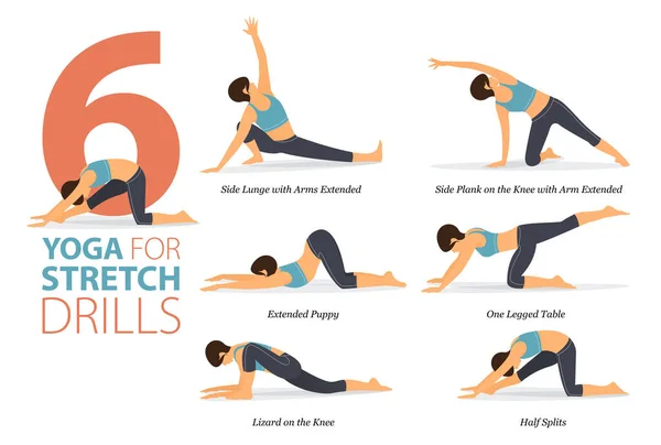 Infographic Yoga Poses Workout Home Concept Stretch Drills Flat Design — Image vectorielle