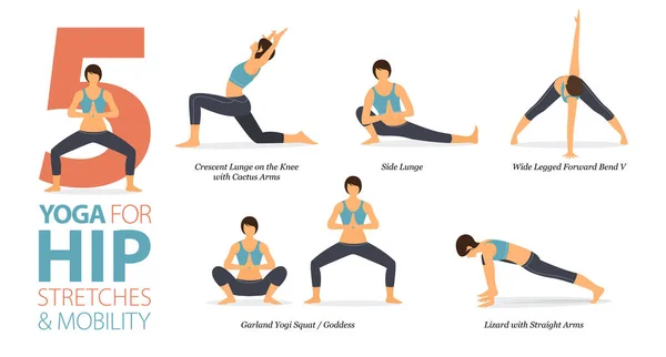 Infographic Yoga Poses Workout Home Concept Hip Stretch Flat Design — Archivo Imágenes Vectoriales