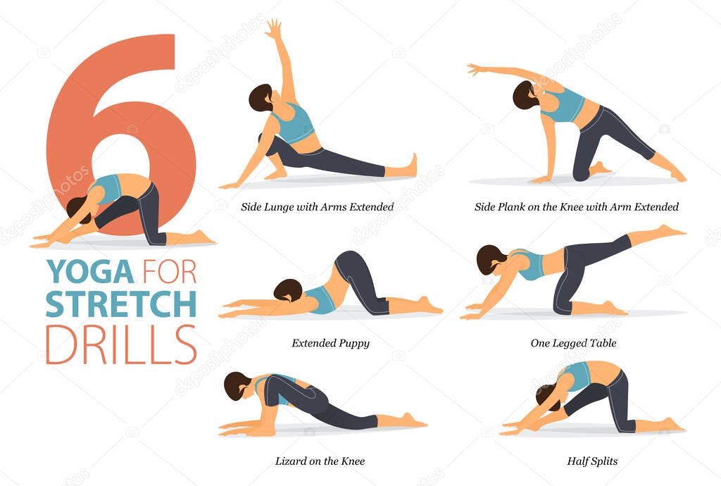 Infographic 6 Yoga poses for workout at home in concept of stretch drills in flat design. Women exercising for body stretching. Yoga posture or asana for fitness infographic. Flat Cartoon Vector Illustration.