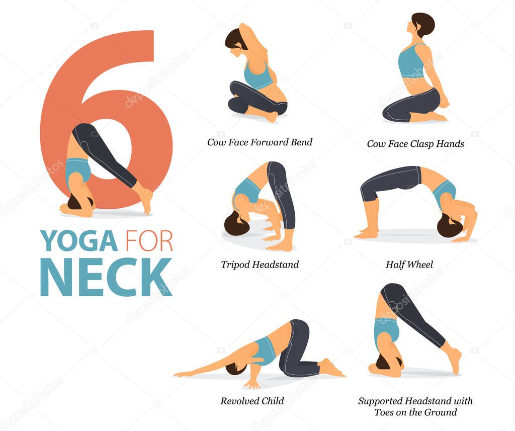 Infographic 6 Yoga poses for workout at home in concept of neck in flat design. Women exercising for body stretching. Yoga posture or asana for fitness infographic. Flat Cartoon Vector Illustration.