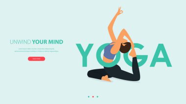 Woman does yoga pose or asana posture with YOGA word. Exercise, workout for yoga anywhere concept.Landing page template of yoga center, studio or yoga online class in flat design for website or mobile application.Vector Illustration.
