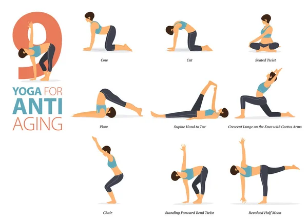 Infographic Yoga Poses Workout Home Concept Aging Flat Design Women — ストックベクタ