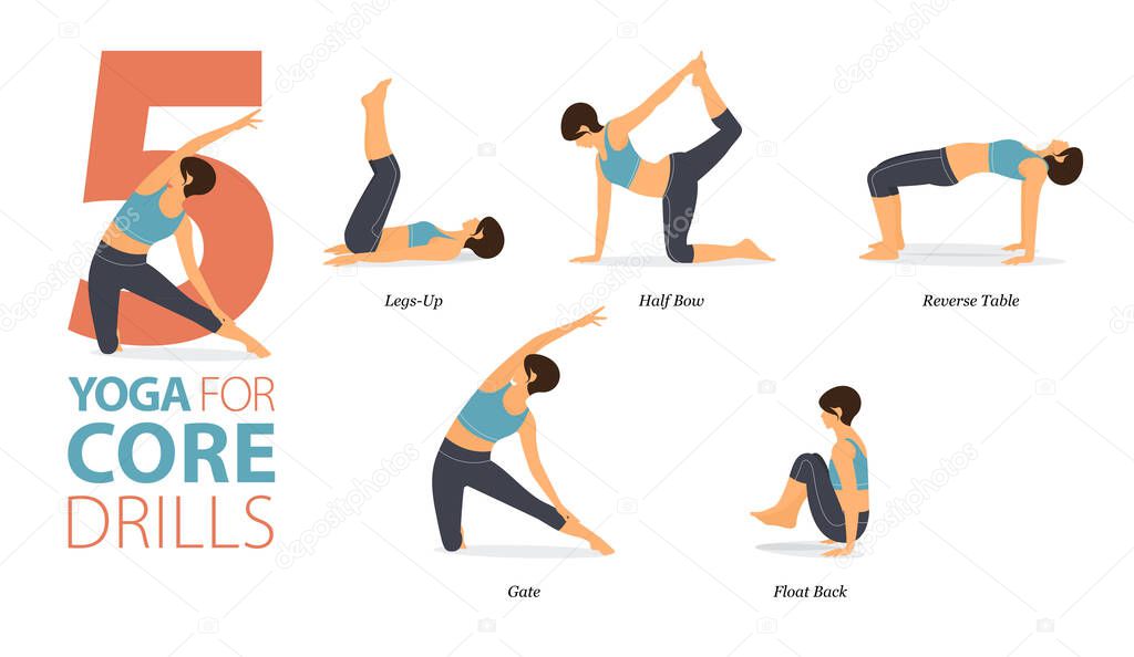 Infographic 5 Yoga poses for workout at home in concept of core drills in flat design. Women exercising for body stretching. Yoga posture or asana for fitness infographic. Flat Cartoon Vector Illustration.