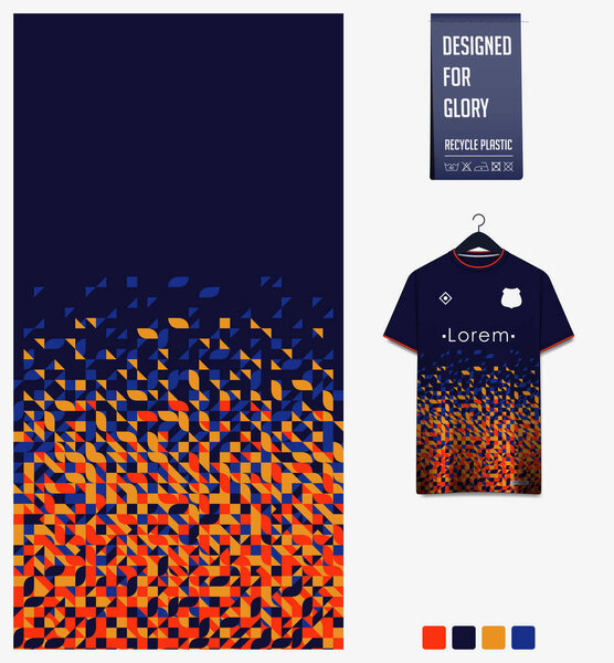 Soccer jersey pattern design. Bauhaus pattern on blue background for soccer kit, football kit, bicycle, e-sport, basketball, t shirt mockup template. Fabric pattern. Abstract background. Vector Illustration.