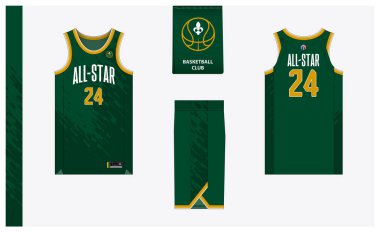Basketball uniform mockup template design for basketball club. Basketball jersey, basketball shorts in front and back view. Basketball logo design. Vector Illustration.