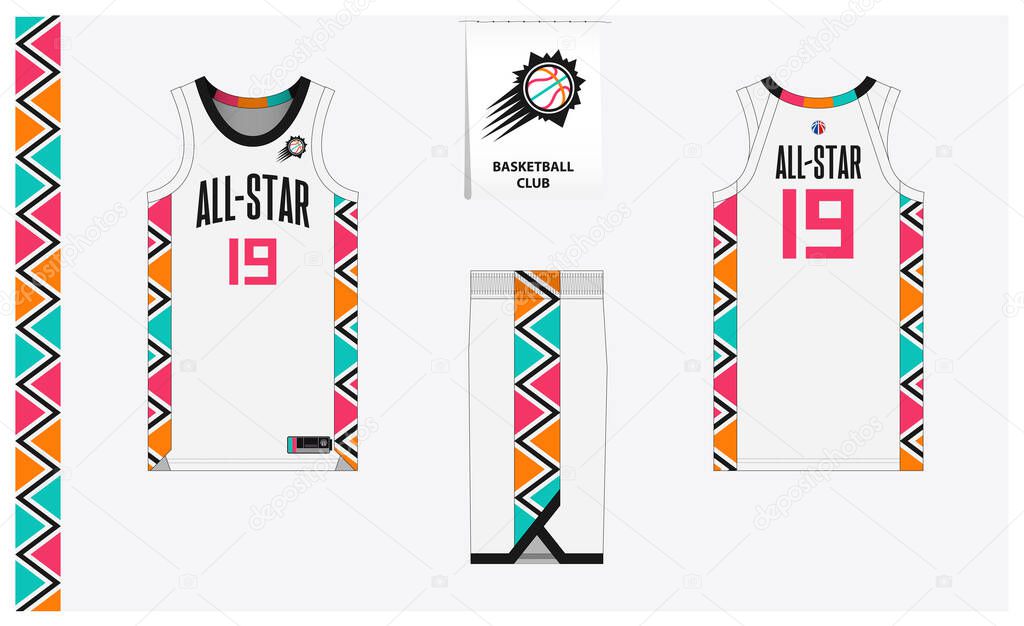 Basketball uniform mockup template design for basketball club. Basketball jersey, basketball shorts in front and back view. Basketball logo design. Vector Illustration.