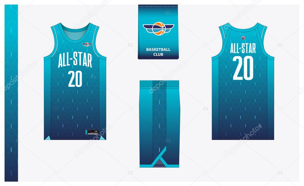 Basketball uniform mockup template design for basketball club. Basketball jersey, basketball shorts in front and back view. Basketball logo design. Vector Illustration.