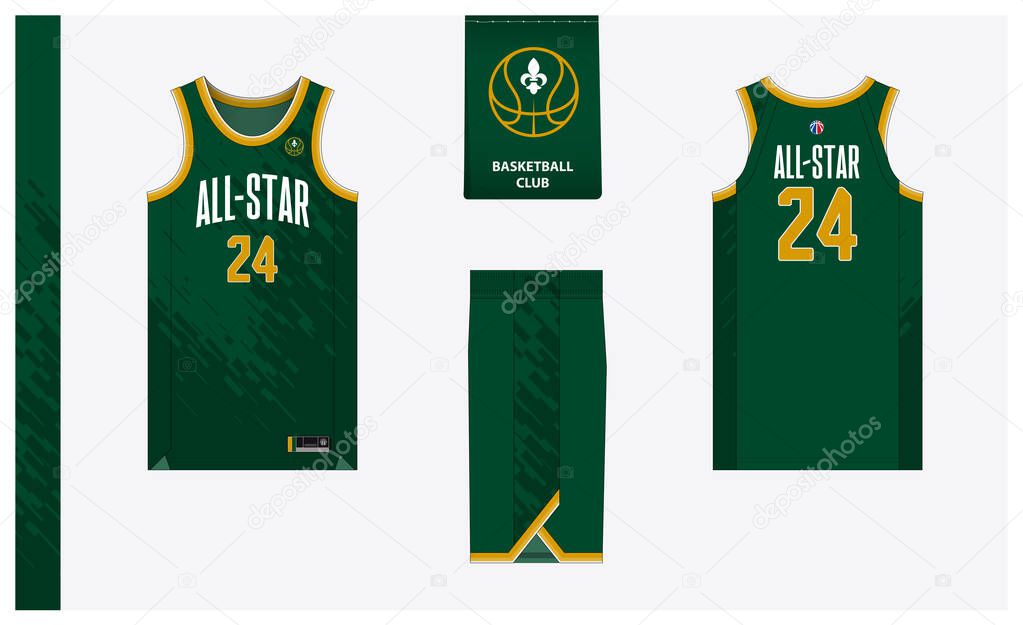 Basketball uniform mockup template design for basketball club. Basketball jersey, basketball shorts in front and back view. Basketball logo design. Vector Illustration.