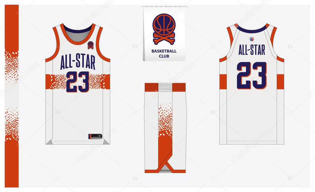 Basketball uniform mockup template design for basketball club. Basketball jersey, basketball shorts in front and back view. Basketball logo design. Vector Illustration.