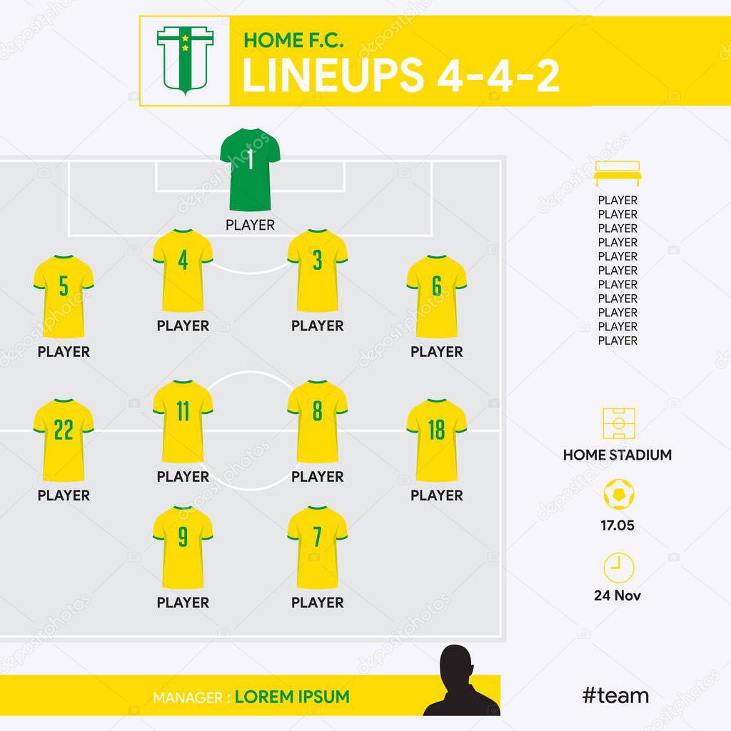 Football team formation, starting list or lineups infographic template. Set of football player position on soccer field.  Football kit, soccer jersey icon in flat design. Vector Illustration.