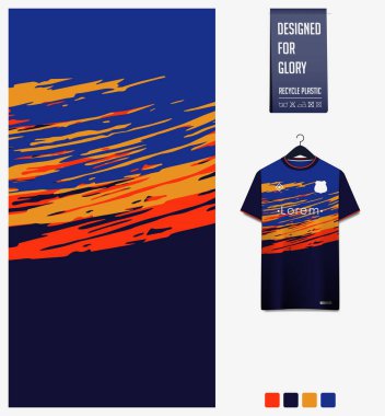 Futbol forması desenli tasarım. Futbol takımı, futbol takımı, bisiklet, e-spor, basketbol, tişört modelleme şablonu için mavi arka planda Grunge dokusu. Kumaş deseni. Soyut arkaplan. Vektör İllüstrasyonu.