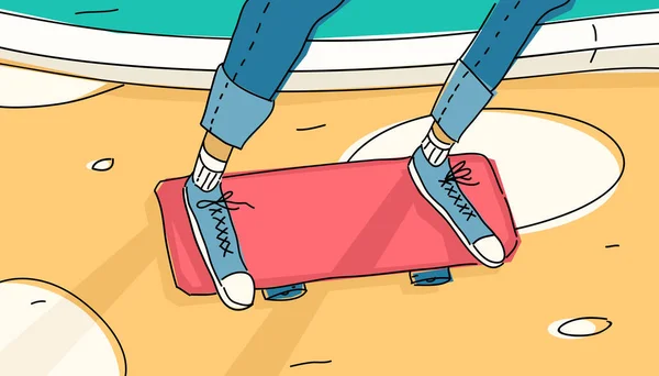 Skateboarder Fast Rides Doodle — Vector de stock