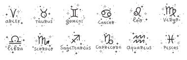 Zodiac astroloji yıldız falı tasarımı vektör çizimleri ayarlandı. Ezoterik burç şablonları