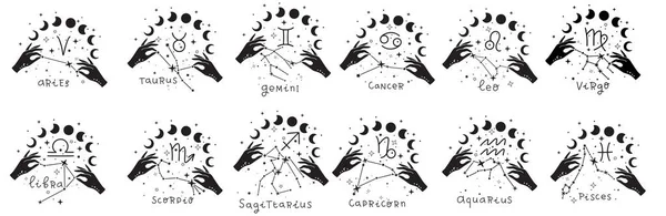 Zodiac Astrologie Horoskop Design Vektor Illustrationen Set. Vorlage: esoterisches Tierkreiszeichen — Stockvektor