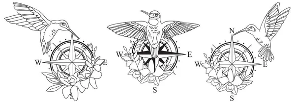Vektor kézzel rajzolt vonal művészeti iránytű kolibrikkel — Stock Vector